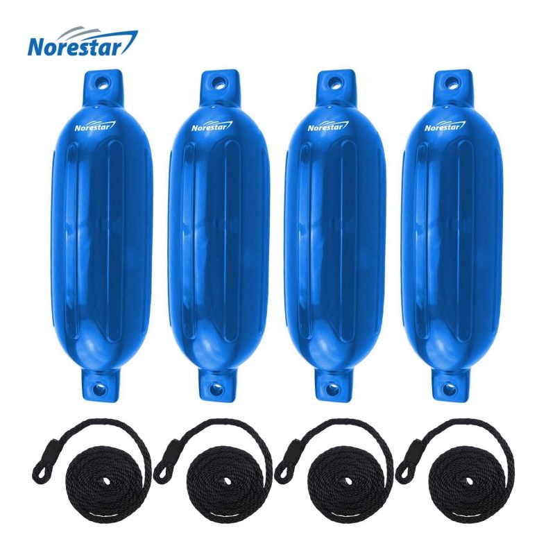 Norestar Fenders 5.5" × 20" / Blue Four-Pack Double-Eye Ribbed Boat Fenders with Fender Lines, Deflated